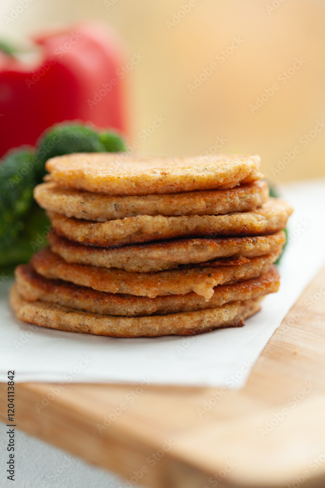 A stack of golden-brown, savory pancakes on a wooden board, with blurred vegetables in the background. A delicious and healthy-looking meal. A stack of golden-brown, savory pancakes on a wooden board, with blurred vegetables in the background. A delicious and healthy-looking meal.