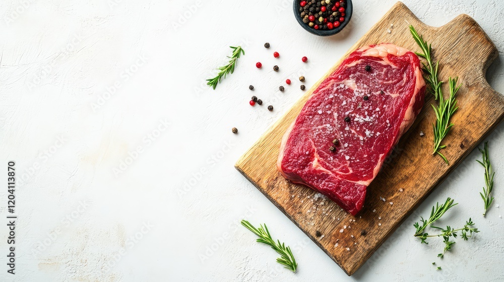 Fresh raw ribeye steak on a wooden cutting board surrounded by peppercorns and herbs with Copy Space for text. Fresh raw ribeye steak on a wooden cutting board surrounded by peppercorns and herbs with Copy Space for text.