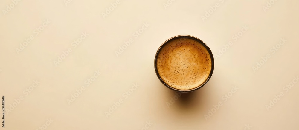 Top view of a cup of coffee on a beige background with ample copy space for text placement Top view of a cup of coffee on a beige background with ample copy space for text placement