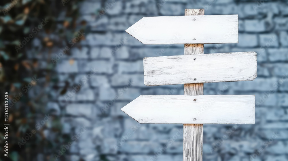 Naklejka premium Wooden directional signpost with three blank white arrows on a weathered brick wall background with Copy Space for text placement