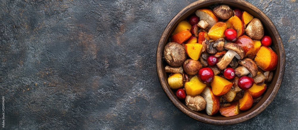 Fototapeta premium Colorful assortment of roasted seasonal vegetables and fruits in a bowl on dark textured background with Copy Space