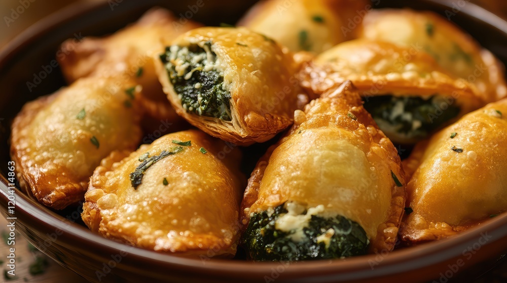 Golden brown spinach and cheese pastries arranged in a bowl with fresh herbs on a wooden table Copy Space Golden brown spinach and cheese pastries arranged in a bowl with fresh herbs on a wooden table Copy Space