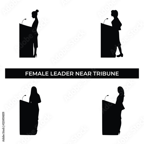 Vector Illustration of Female Leader Near Tribune. Simple Flat Design Depicting Empowerment, Political Leadership, and Public Engagement.