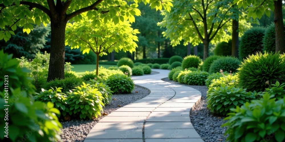Obraz premium Serene Landscape Featuring a Winding Stone Path Through Lush Greenery, Illuminating a Tranquil Garden Scene