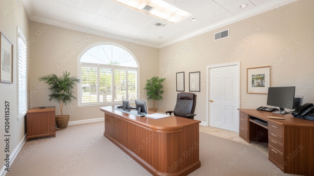 A modern office space featuring a wooden desk, a comfortable chair, plants, and large windows allowing natural light. A modern office space featuring a wooden desk, a comfortable chair, plants, and large windows allowing natural light.