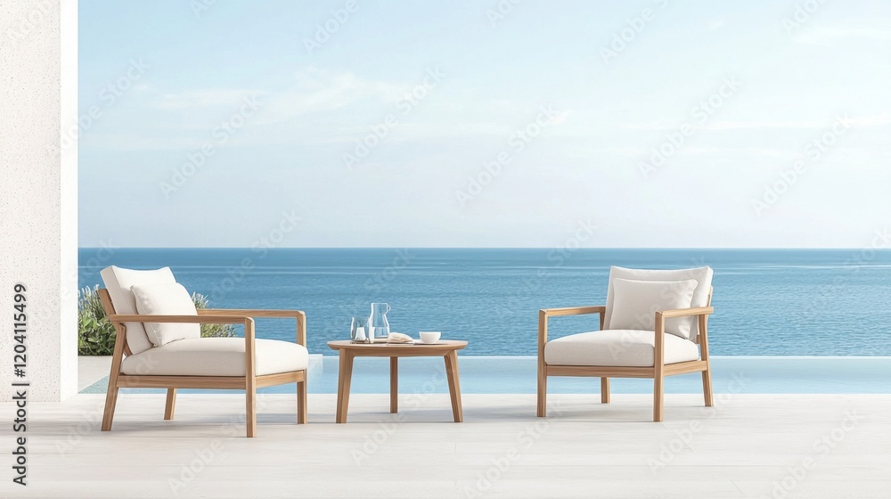 Naklejka premium A serene coastal scene featuring two stylish chairs and a small table, perfect for relaxation and enjoying the ocean view.