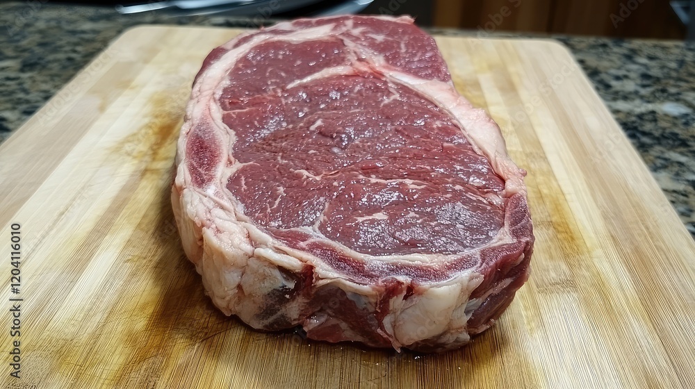 Raw ribeye steak on wooden cutting board with marble texture background Copy Space Raw ribeye steak on wooden cutting board with marble texture background Copy Space