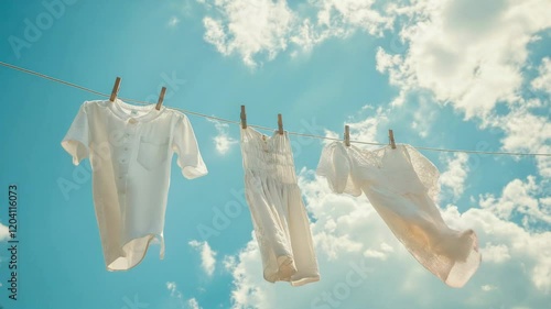 Clothesline Serenity: Three pristine white garments, gently swaying on a clothesline against a vibrant blue sky dotted with fluffy white clouds, evoke a sense of calm and fresh laundry. 