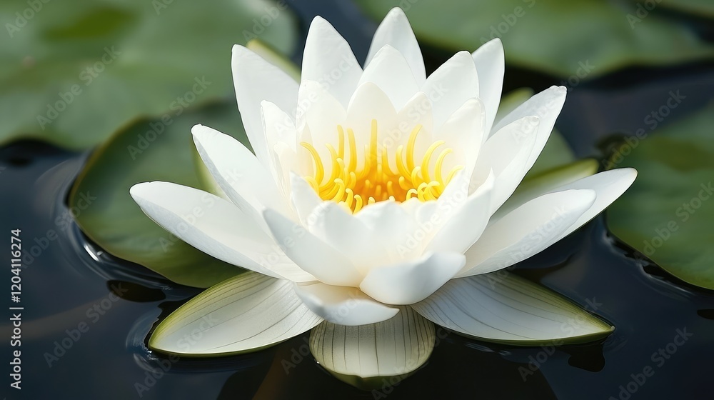 White water lily blooming on a calm pond surface with green lily pads and dark water providing Copy Space for text placement. White water lily blooming on a calm pond surface with green lily pads and dark water providing Copy Space for text placement.