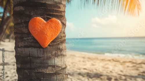 Fototapeta Naklejka Na Ścianę i Meble -  Orange heart decoration on a palm tree trunk at a tropical beach during sunset with ocean in the background and copy space