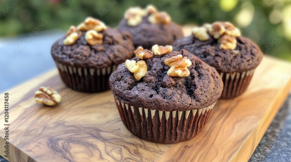 Chocolate muffins topped with walnuts on a wooden cutting board with a blurred natural background Copy Space Chocolate muffins topped with walnuts on a wooden cutting board with a blurred natural background Copy Space
