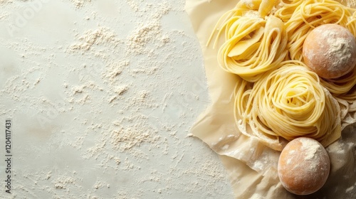 Raw pasta and flour arranged on a light surface with eggs for cooking Copy Space for text placement photo