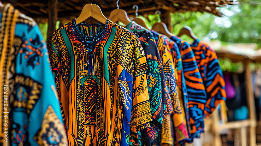 Fototapeta premium Vibrant African prints hang at outdoor market