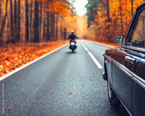 Wallpaper Mural Classic car and motorcycle in motion along winding forest road, autumn leaves scattered, cozy and nostalgic, timeless journey, seasonal vibe Torontodigital.ca