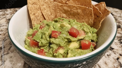 Fresh homemade guacamole served in a bowl with tortilla chips on a textured granite surface Copy Space photo