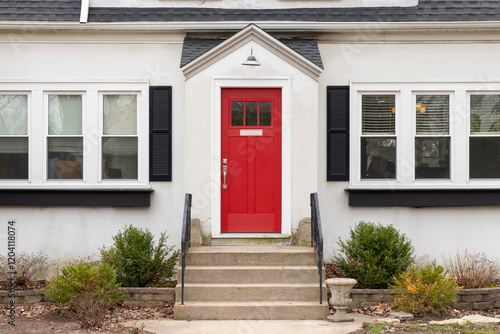 Konstfotografi A red front door detail on a white home with concrete steps and iron railings leading up to the door