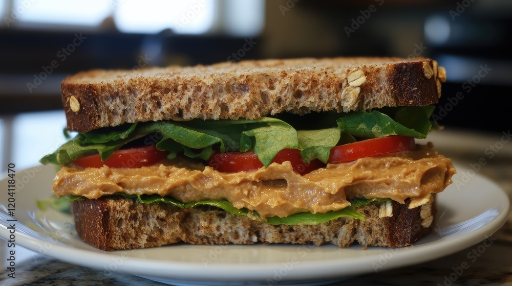 Whole grain sandwich with peanut butter, lettuce, and tomato on a plate with natural lighting and copy space available Whole grain sandwich with peanut butter, lettuce, and tomato on a plate with natural lighting and copy space available