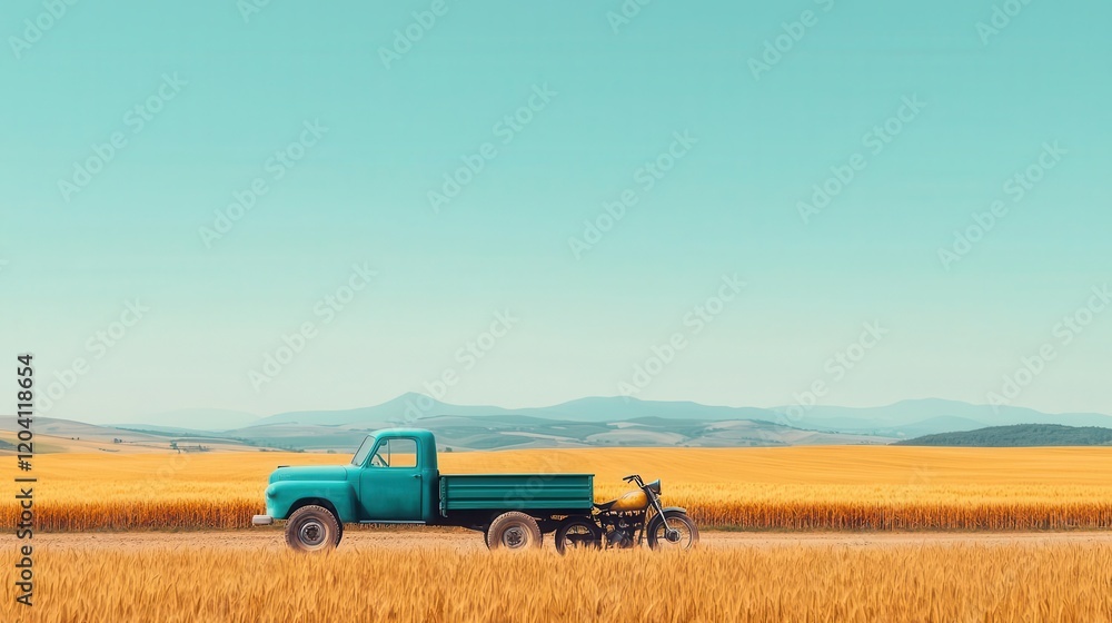 Obraz premium Old pickup truck towing a vintage motorcycle, dirt road, golden wheat fields, rural countryside charm, vintage transport, rustic vibes