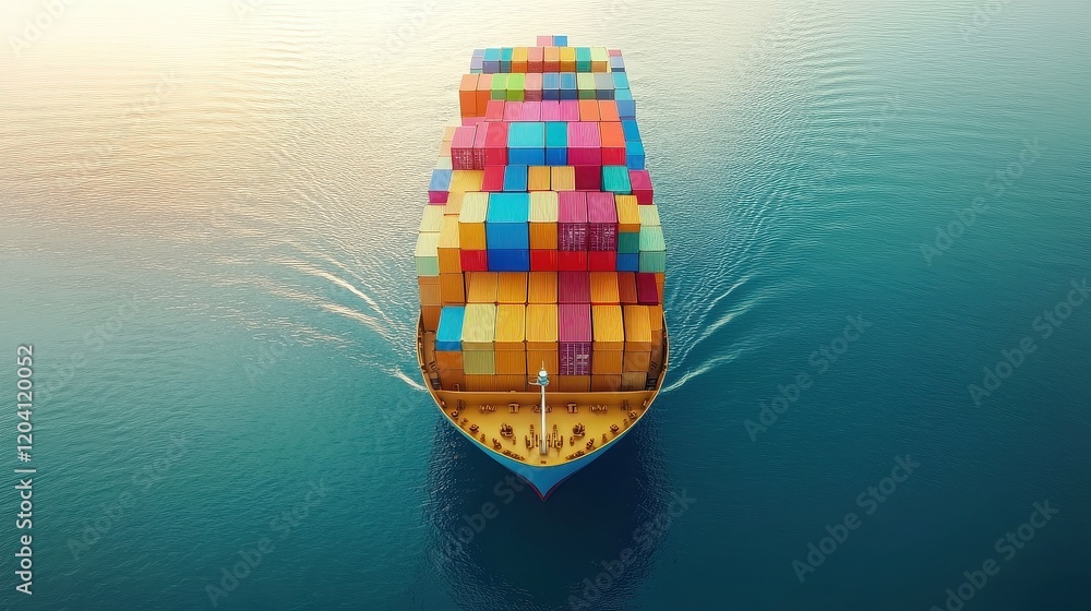 Fototapeta premium container ship in import export and business logistic.By crane ,Trade Port , Shipping.cargo to harbor.Aerial view.Water transport.International.Shell Marine.Top view animation Triadic Color Scheme 