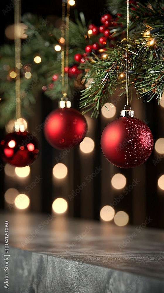 Three ornaments dangling from a Christmas tree against a dark backdrop with illuminated lights and fuzzy boke Three ornaments dangling from a Christmas tree against a dark backdrop with illuminated lights and fuzzy boke