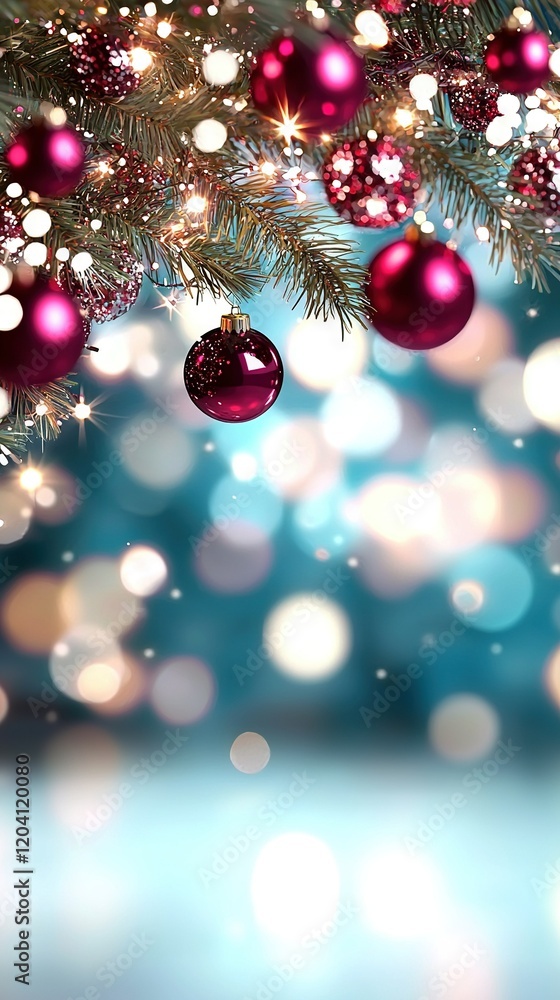 Close-up photo of a Christmas tree with clear baubles on the branches against a blurred background Close-up photo of a Christmas tree with clear baubles on the branches against a blurred background