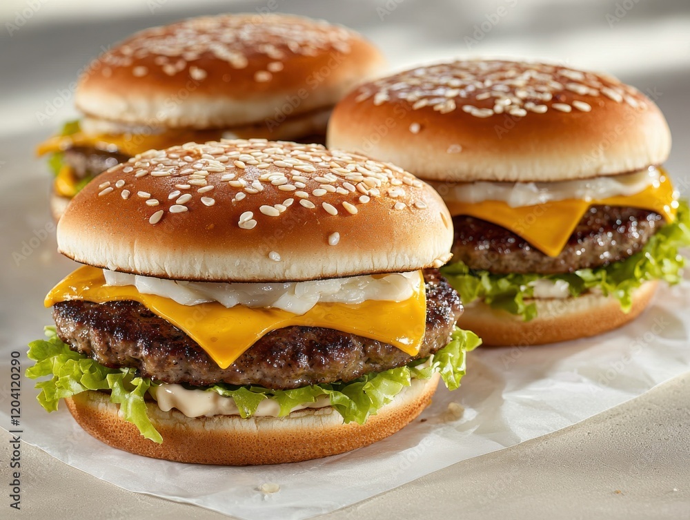 Mouthwatering juicy burgers gourmet restaurant food luxurious setting bright lighting indulgent experience Mouthwatering juicy burgers gourmet restaurant food luxurious setting bright lighting indulgent experience