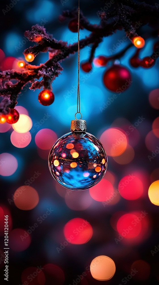 Close-up of Christmas ornament on tree with basket lights in background Close-up of Christmas ornament on tree with basket lights in background