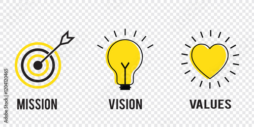 Print Vision, mission and values editable stroke outline icons set isolated on white background flat vector illustration  . 1176