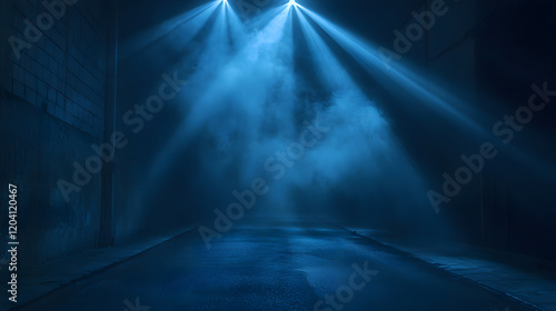 A softly lit room with light rays piercing through fog.
