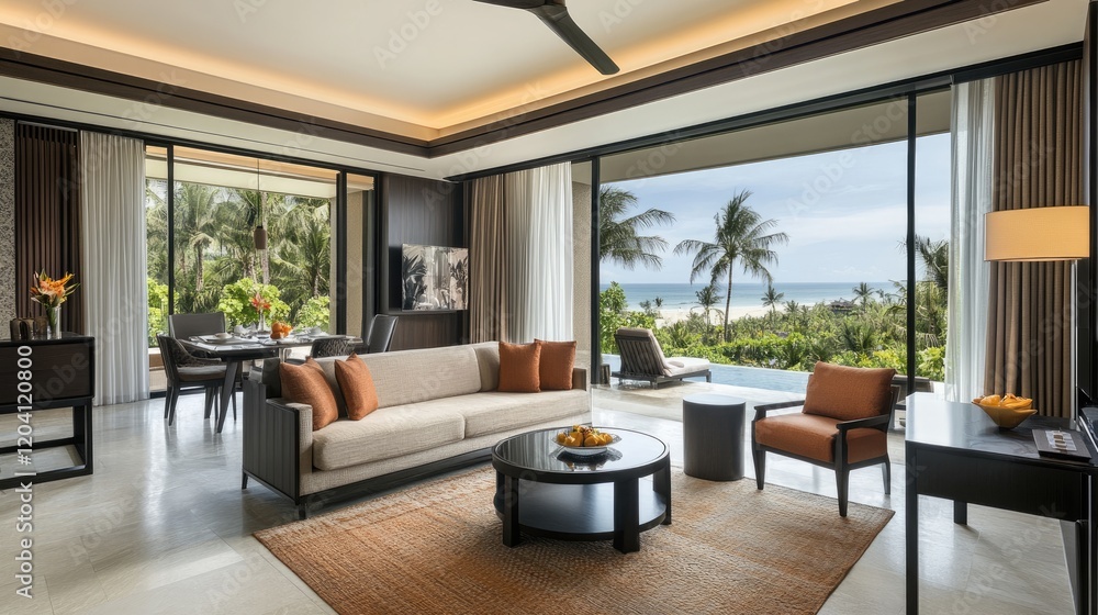 Fototapeta premium Spacious living room of a high-end hotel villa, its sleek design enhanced by floor-to-ceiling windows revealing a breathtaking ocean view.