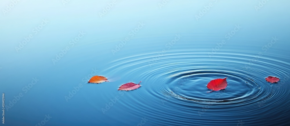 Autumn leaves floating on water surface with ripples Copy Space for text overlay Autumn leaves floating on water surface with ripples Copy Space for text overlay