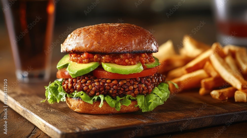 Delicious vegetarian burger with lettuce, tomato, avocado, and spicy sauce served with French fries on wooden board Copy Space Delicious vegetarian burger with lettuce, tomato, avocado, and spicy sauce served with French fries on wooden board Copy Space