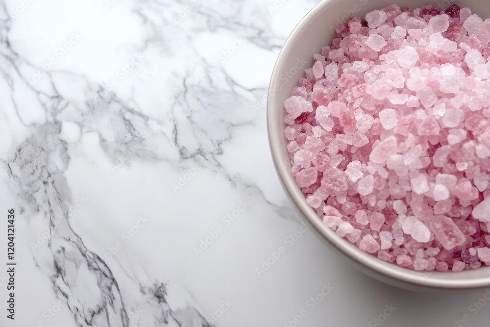 Delicate Pink Himalayan Salt Crystals in a Bowl Against a Stunning Marble Background for Kitchen and Spa Decor Visuals Delicate Pink Himalayan Salt Crystals in a Bowl Against a Stunning Marble Background for Kitchen and Spa Decor Visuals