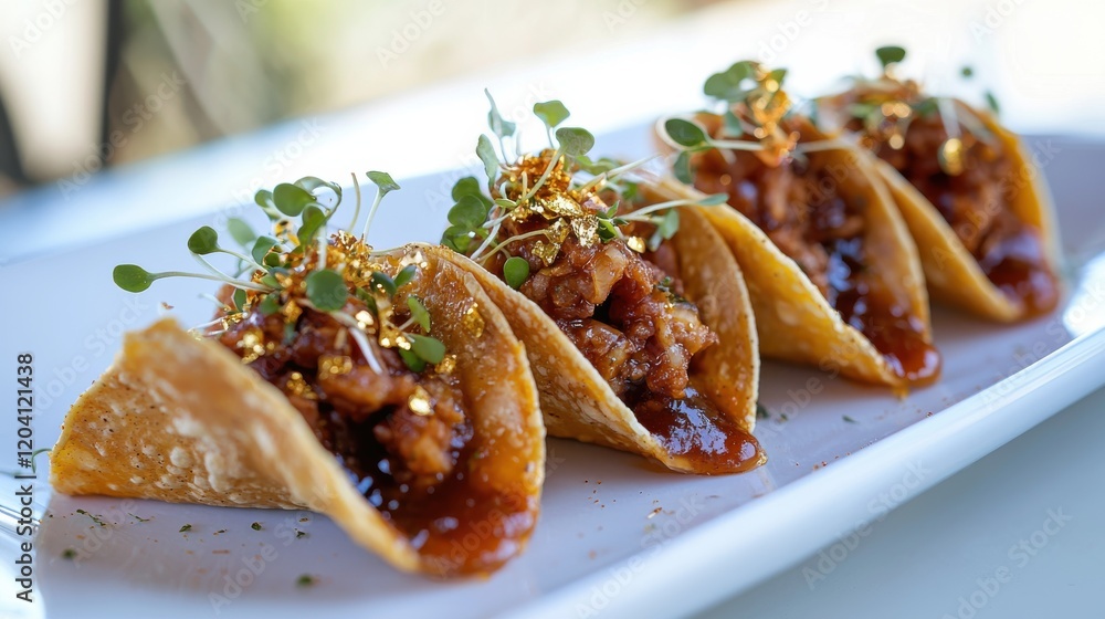 Taco tasting event featuring miniature tacos with microgreens and gold flakes upscale restaurant culinary delight bright setting Taco tasting event featuring miniature tacos with microgreens and gold flakes upscale restaurant culinary delight bright setting