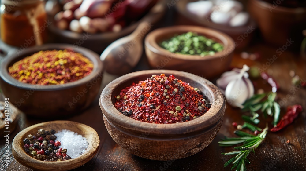 Various colorful spices in wooden bowls on a rustic table with garlic and herbs Copy Space Various colorful spices in wooden bowls on a rustic table with garlic and herbs Copy Space