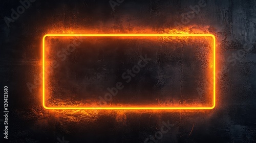 Neon orange rectangle frame glowing on dark textured background with copy space for text or design elements.