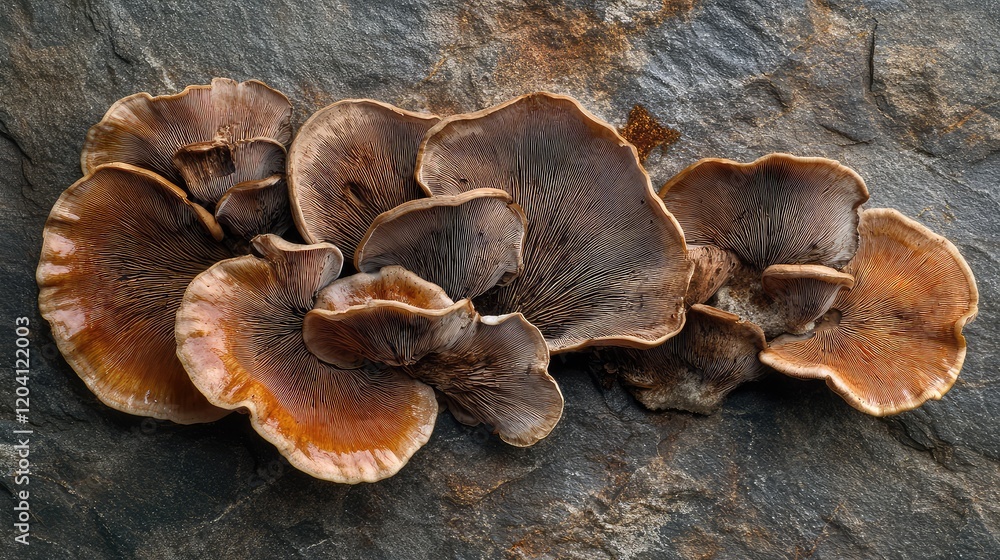 Mushrooms growing on a rock surface showcasing earthy tones and detailed textures with Copy Space for text placement. Mushrooms growing on a rock surface showcasing earthy tones and detailed textures with Copy Space for text placement.