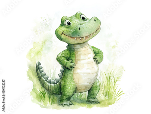 Hand-drawn cheerful alligator character standing proudly in a lush green setting with playful smile and bright eyes