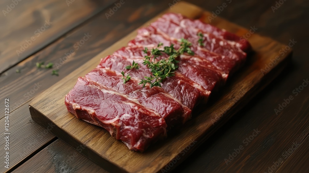 Raw beef ribs placed in a neat row on a wooden cutting board garnished with fresh thyme against a rustic wooden background Copy Space Raw beef ribs placed in a neat row on a wooden cutting board garnished with fresh thyme against a rustic wooden background Copy Space