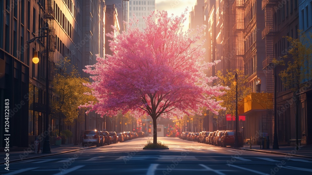 Fototapeta premium Vibrant cherry blossom tree blooms in an urban street during sunset