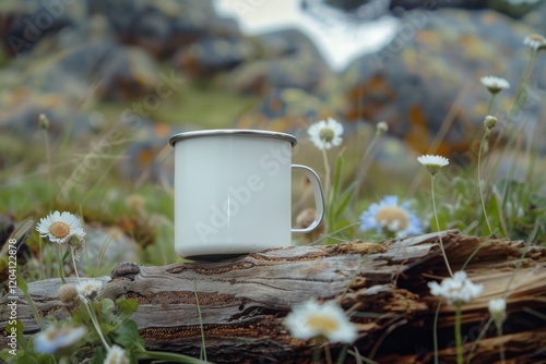 White Enamel Mug on Log Surrounded by Wildflowers in Nature Setting photo