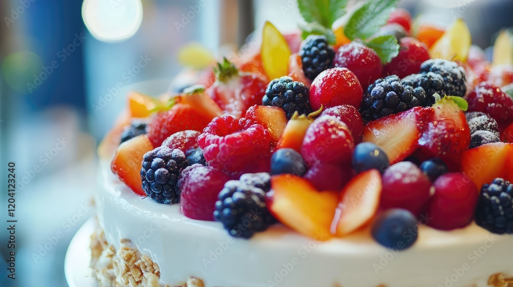 Freshly decorated fruit cake topped with a mix of berries, mint leaves, and slices of peaches, set against a blurred background with copy space. Freshly decorated fruit cake topped with a mix of berries, mint leaves, and slices of peaches, set against a blurred background with copy space.