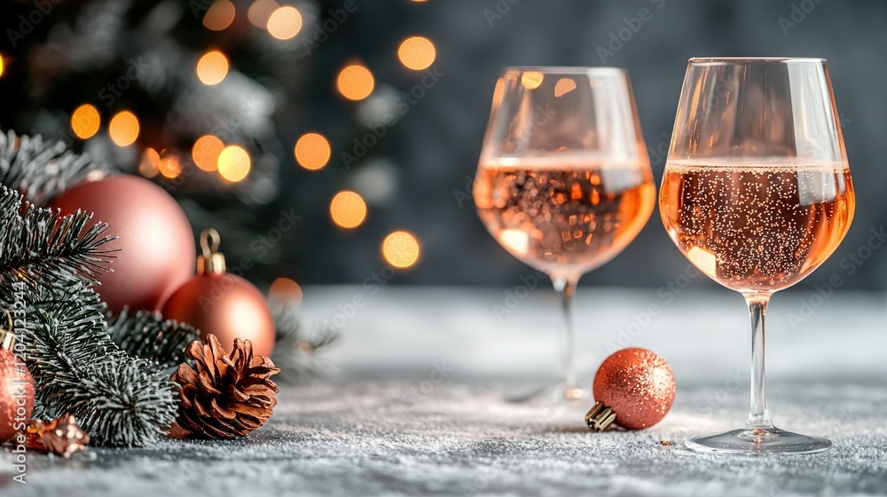 Two wine glasses sit atop a table beside a Christmas tree Two wine glasses sit atop a table beside a Christmas tree