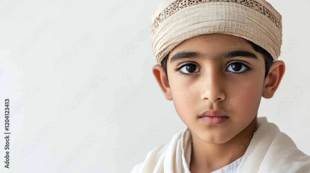 Portrait of a young boy wearing traditional attire and a headscarf against a light background with Copy Space for text. Portrait of a young boy wearing traditional attire and a headscarf against a light background with Copy Space for text.