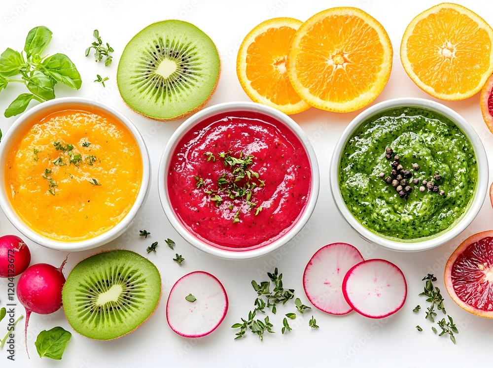 Three Colorful Fruit And Vegetable Smoothies With Garnish Three Colorful Fruit And Vegetable Smoothies With Garnish
