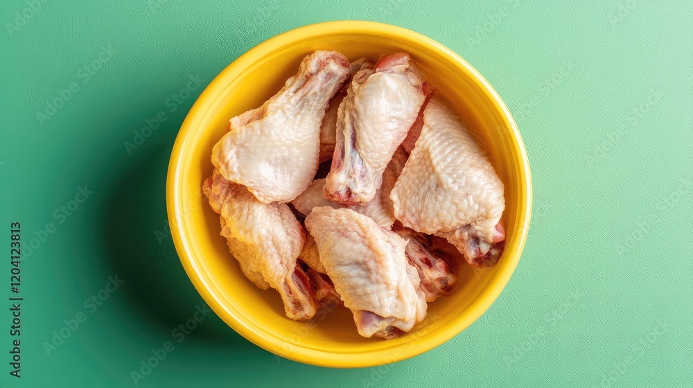 Raw chicken wings in a yellow bowl on a green background with ample copy space for text placement Raw chicken wings in a yellow bowl on a green background with ample copy space for text placement