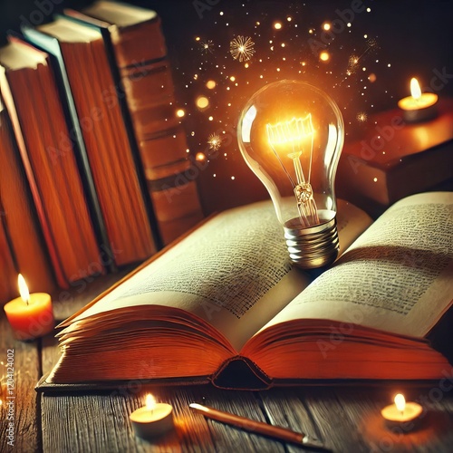 Warm Glow An open book with a soft warm light bulb above it symb photo