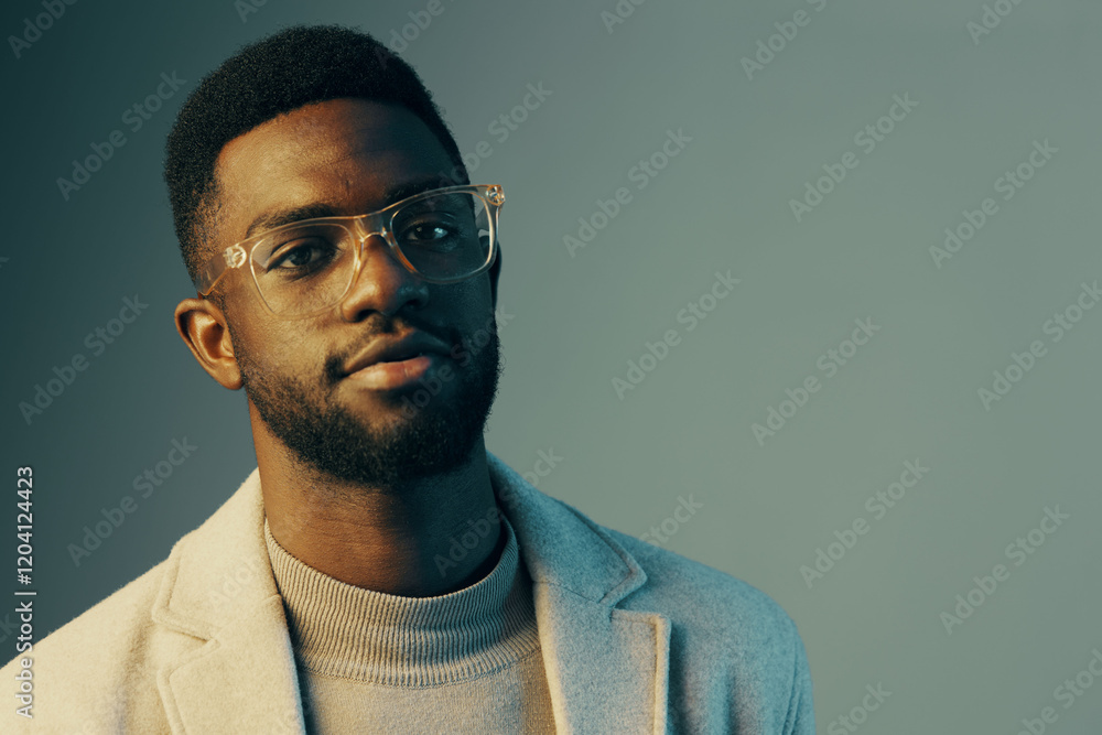 Fototapeta premium Stylish young African man with glasses posing confidently in a modern setting, showcasing contemporary fashion and vibrant color tones