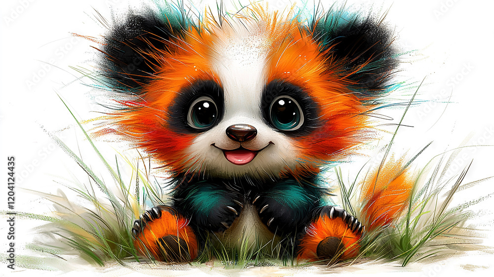 A panda bear adorned with orange and blue feathers rests in the grass A panda bear adorned with orange and blue feathers rests in the grass