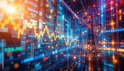 Wallpaper Mural In a bustling urban setting, power lines rise against a backdrop of glowing digital data streams. Twinkling lights highlight the intersection of technology and energy as night falls Torontodigital.ca